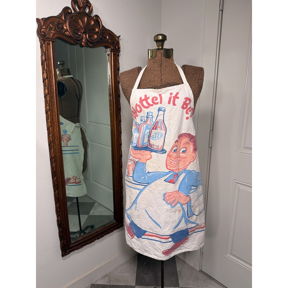 Vintage Wottel it Be Beer Waiter Apron Mid Century Retro Kitsch Barware White